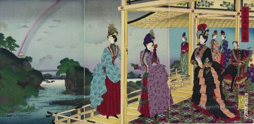 350 人の有名アーティストによるアート作品 Painting - 雨上がりの庭園図 1888年（明治21年） 豊原親信 美人大首絵